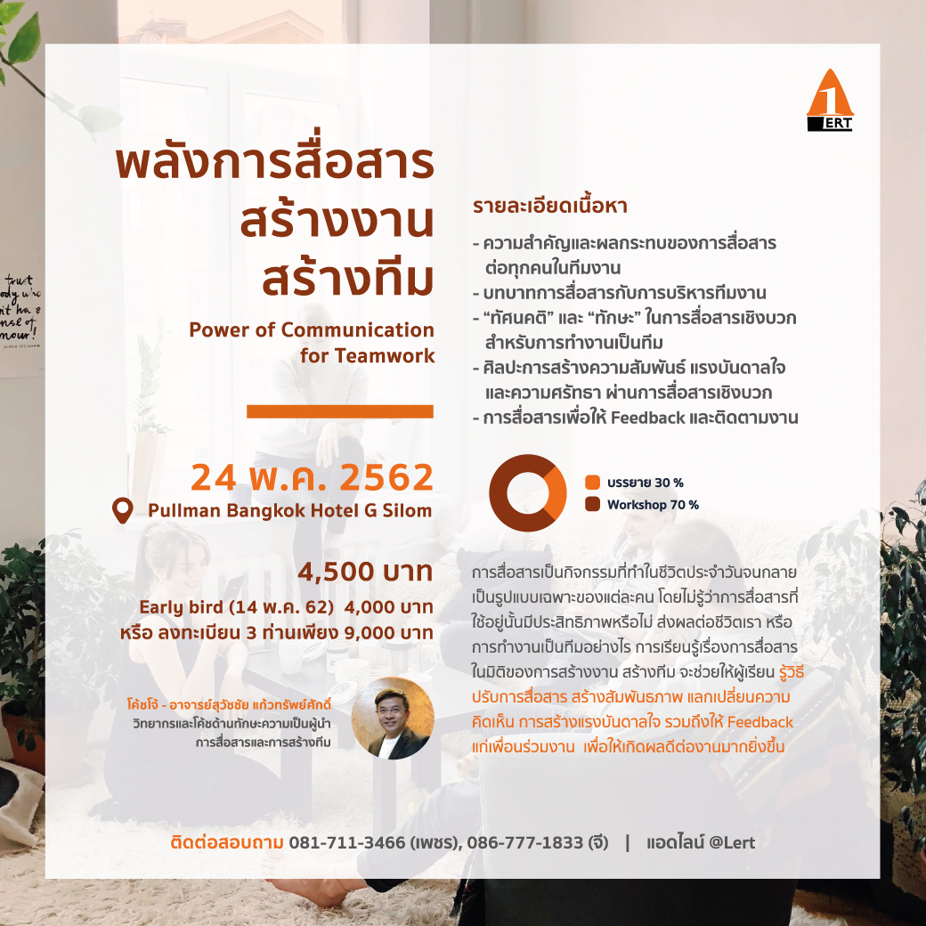 Power of communication for Teamwork พลังการสื่อสาร สร้างงาน สร้างทีม Public Training นายเรียนรู้ A@lert Learning and Consultant คอร์สพัฒนาทักษะการบริหาร โค้ชโจ้ อาจารย์สุวัชชัย แก้วทรัพย์ศักดิ์ การ สื่อสาร ภายใน องค์กร