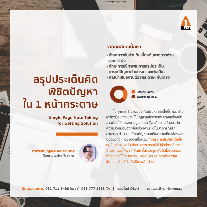 อาจารย์ บุญเลิศ คณาธนสาร a@lert learning and consultant นายเรียนรู้ nairienroo single page note taking หลักสูตร ฝึก อบรม เทคนิค การนำเสนองาน สรุป ประเด็น คิด พิชิตปัญหาใน 1 หน้ากระดาษ toyota one page note taking single page knowledge sharing หลักสูตร single page by alert one page