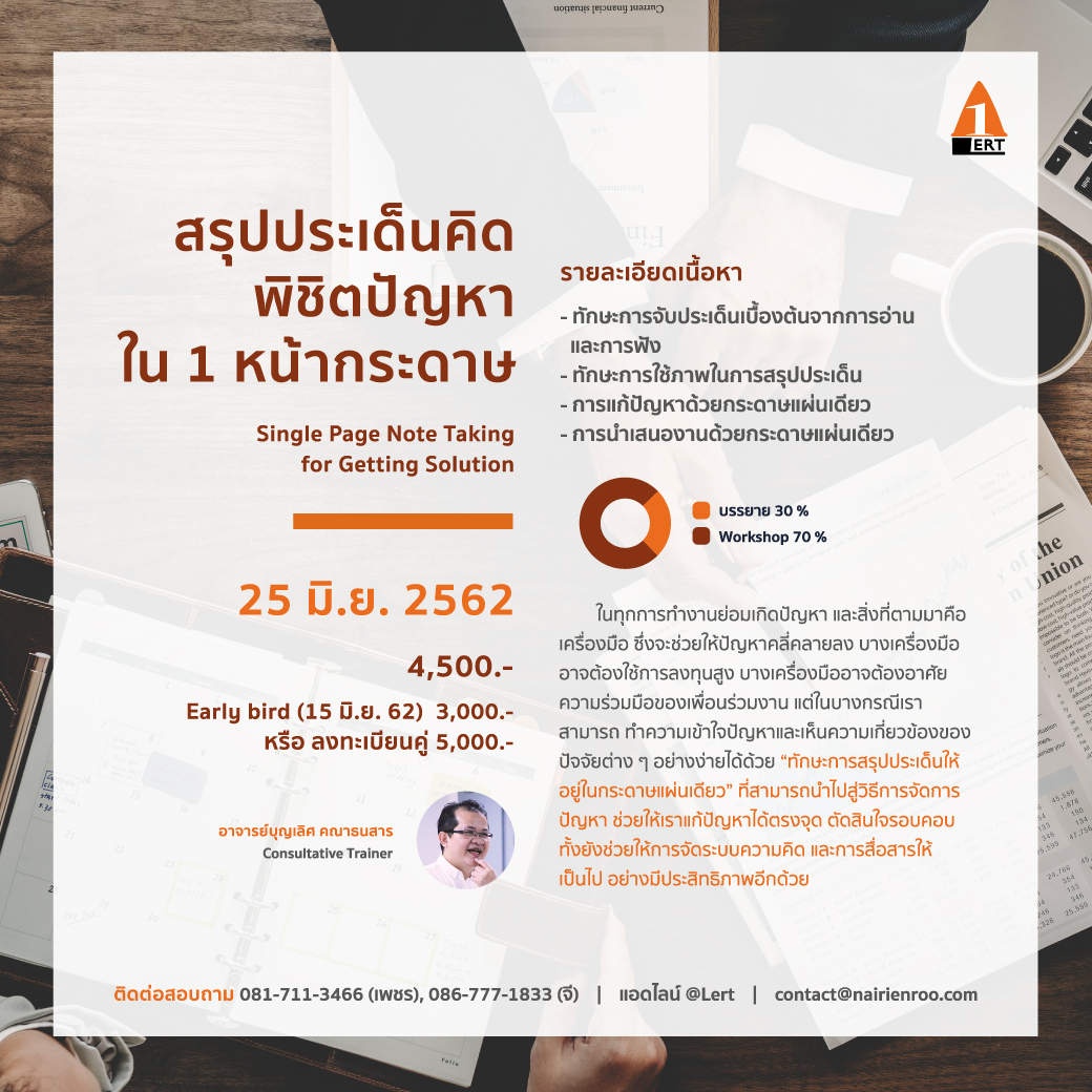 บุญเลิศ คณาธนสาร a@lert learning and consultant นายเรียนรู้ nairienroo single page note taking หลักสูตร ฝึก อบรม เทคนิค การนำเสนองาน สรุป ทุกอย่าง ลงใน กระดาษ แผ่น เดียว toyota one page note taking single page knowledge sharing หลักสูตร single page by alert one page